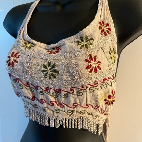 Embroidered Beige Crop Top tye back one size tassles bohemian beach festival - Picture 1 of 3